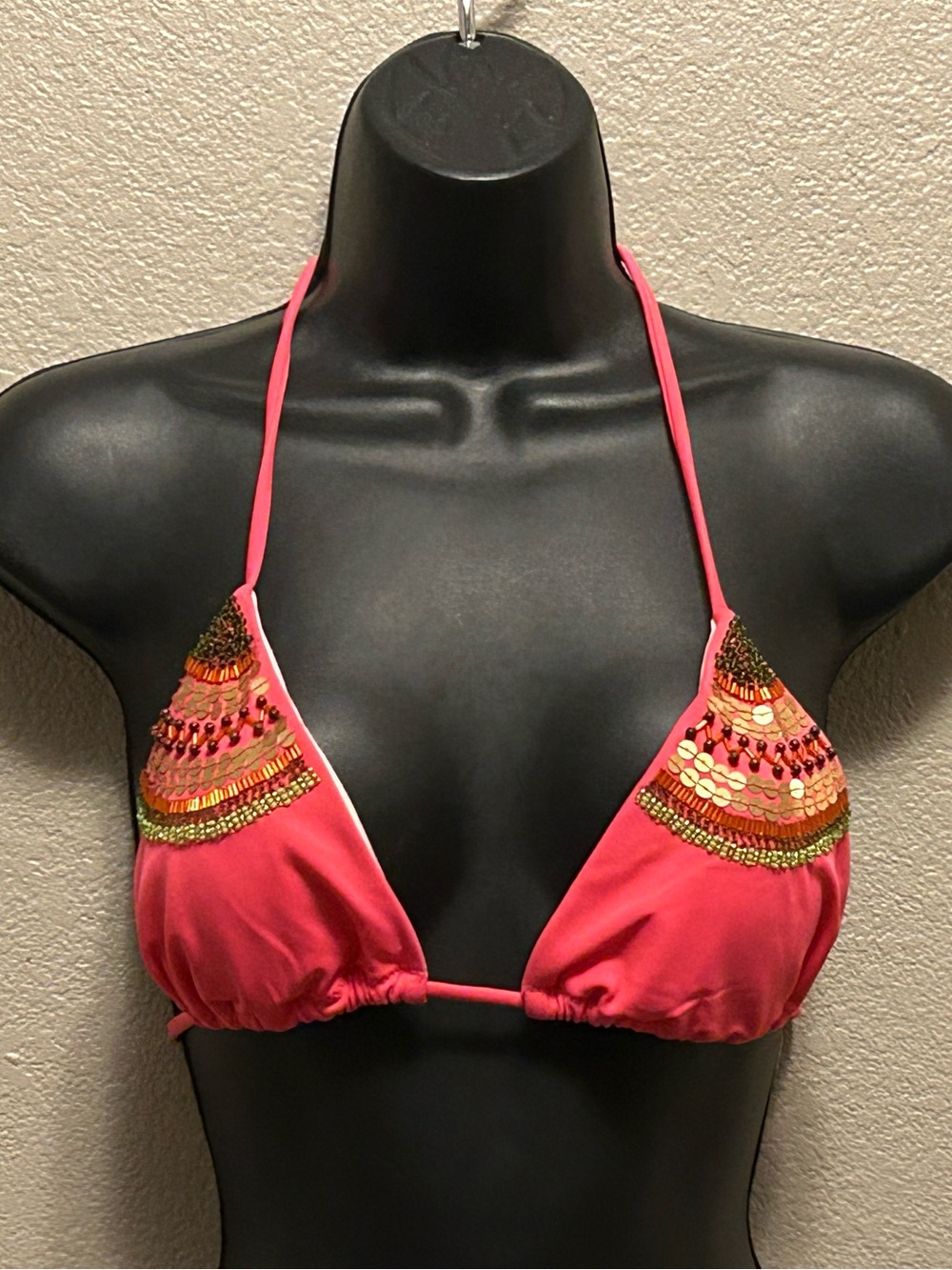 Victoria's Secret String Bikini Triangle Top Beaded BOHO Sequins Sexy Beach Sz M